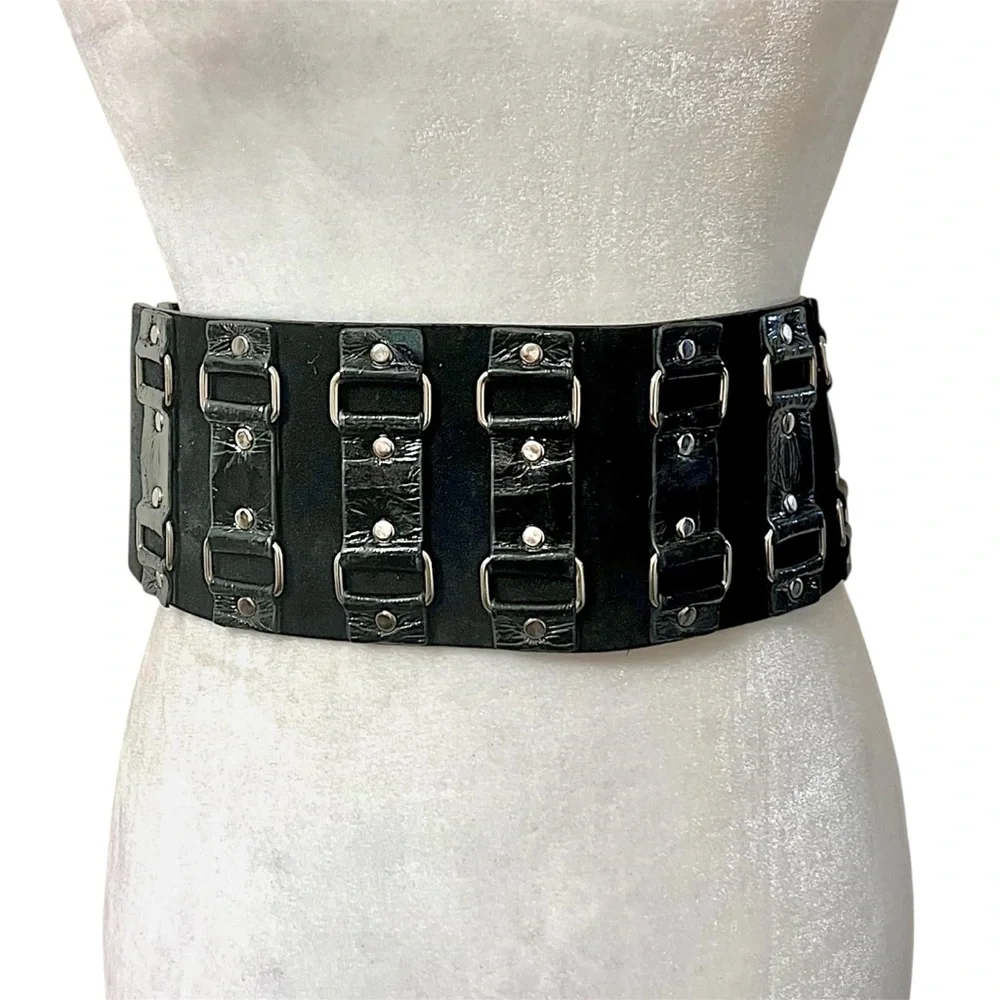 WCM wide statement stretch belt leather suede  black w/ silver toned hardware - Picture 7 of 7
